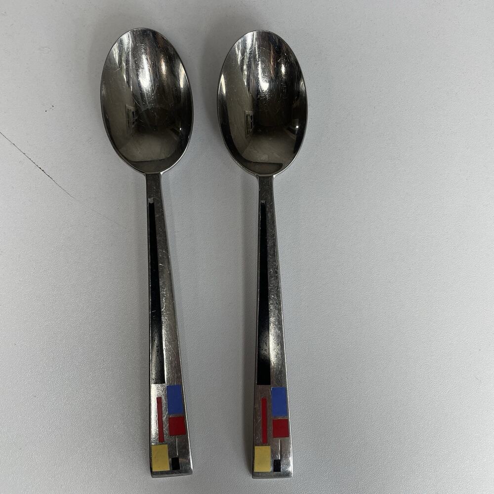 2 COMPOSITION CLOISONNE by Kirk Stieff Spoon 7" USED made in Japan 80s VTG